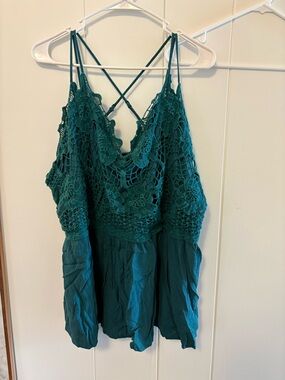 Maurices Teal Crochet Lace Crinkle Cami